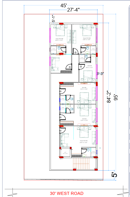 Laventa Beach Resort guest wing floor plan showing six rooms with suites, standard rooms, and ensuite baths